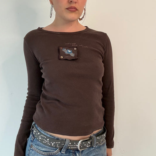 Vintage cache cache brown graphic long sleeve top