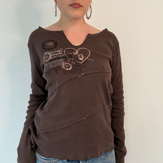 Vintage cache cache brown graphic long sleeve top