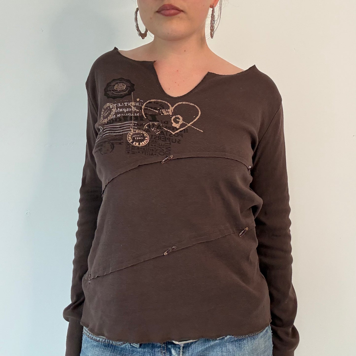 Vintage cache cache brown graphic long sleeve top