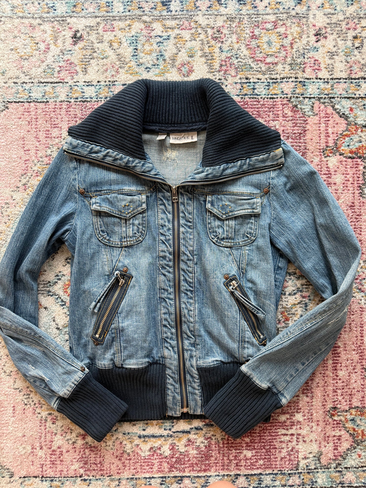 Y2K Denim Jacket with Ribbed Collar and sleeves