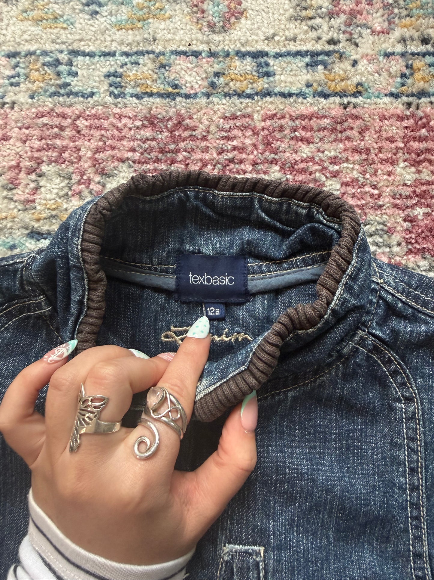 Y2K Denim Bomber Jacket with brown ribbed details