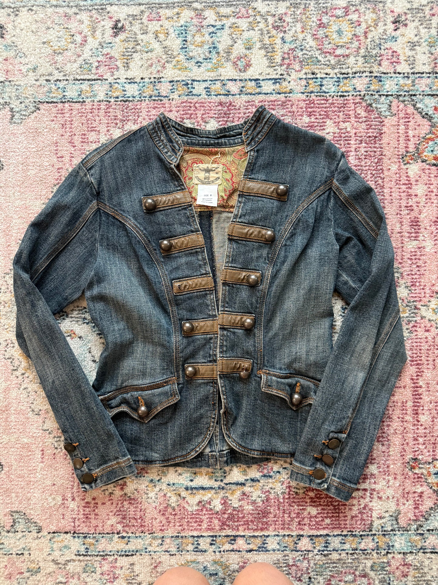 Vintage Y2K Dark Denim Military Jacket Brown Button Detail