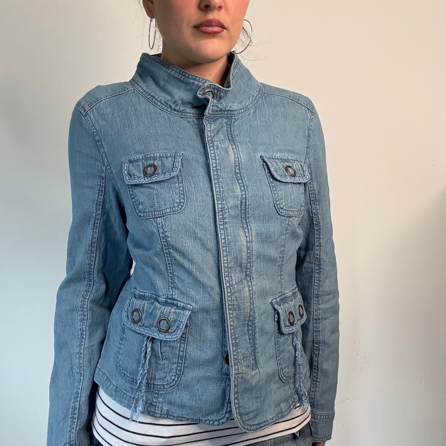 Light Blue Vintage Fitted Denim cargo Jacket