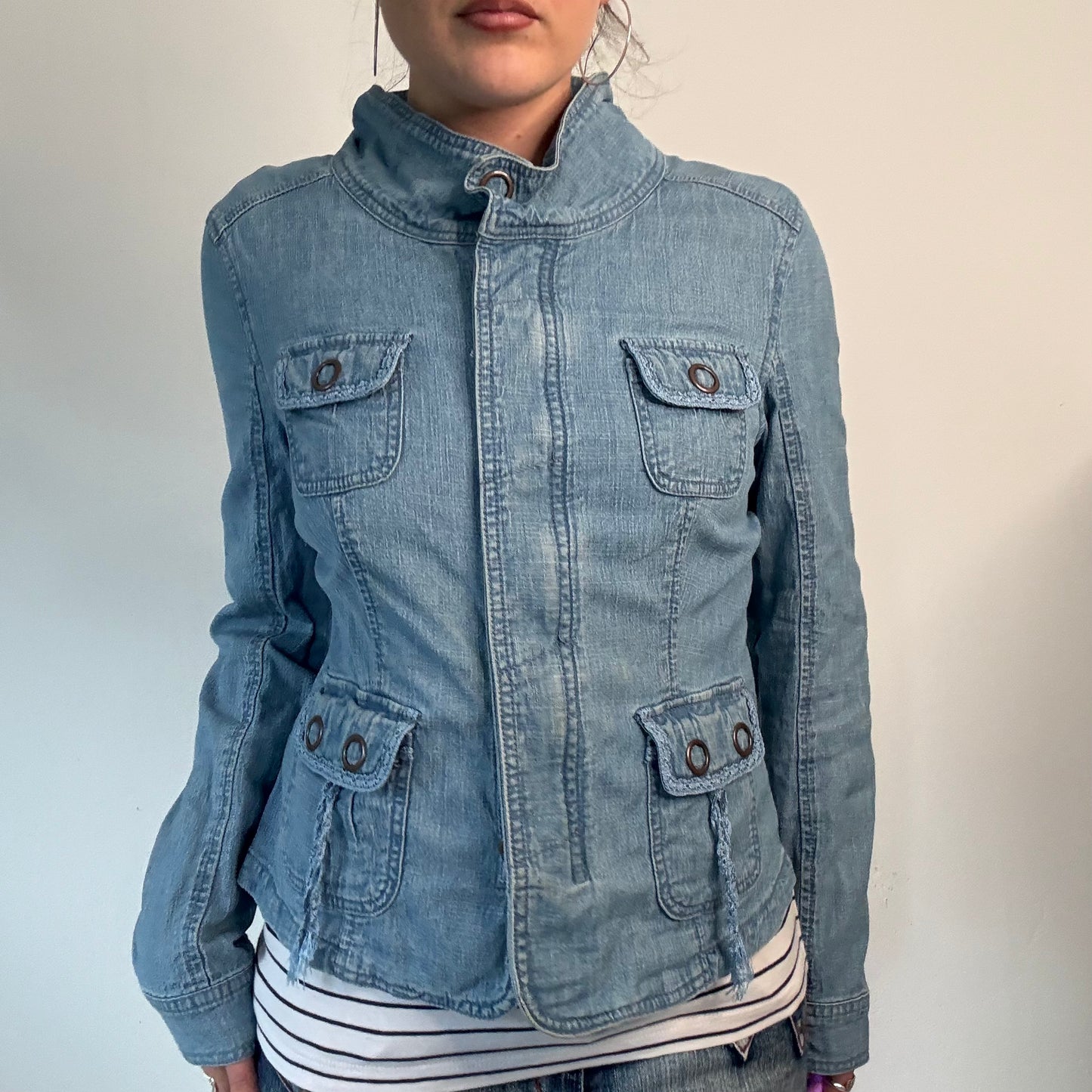 Light Blue Vintage Fitted Denim cargo Jacket
