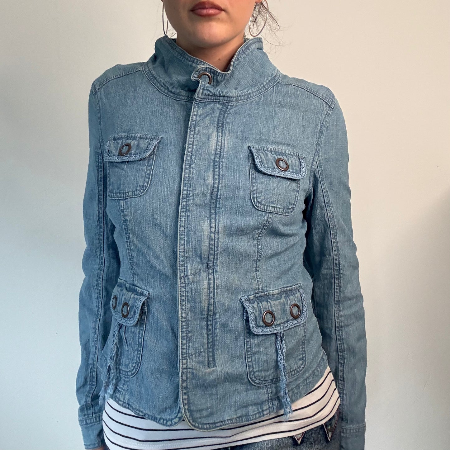 Light Blue Vintage Fitted Denim cargo Jacket
