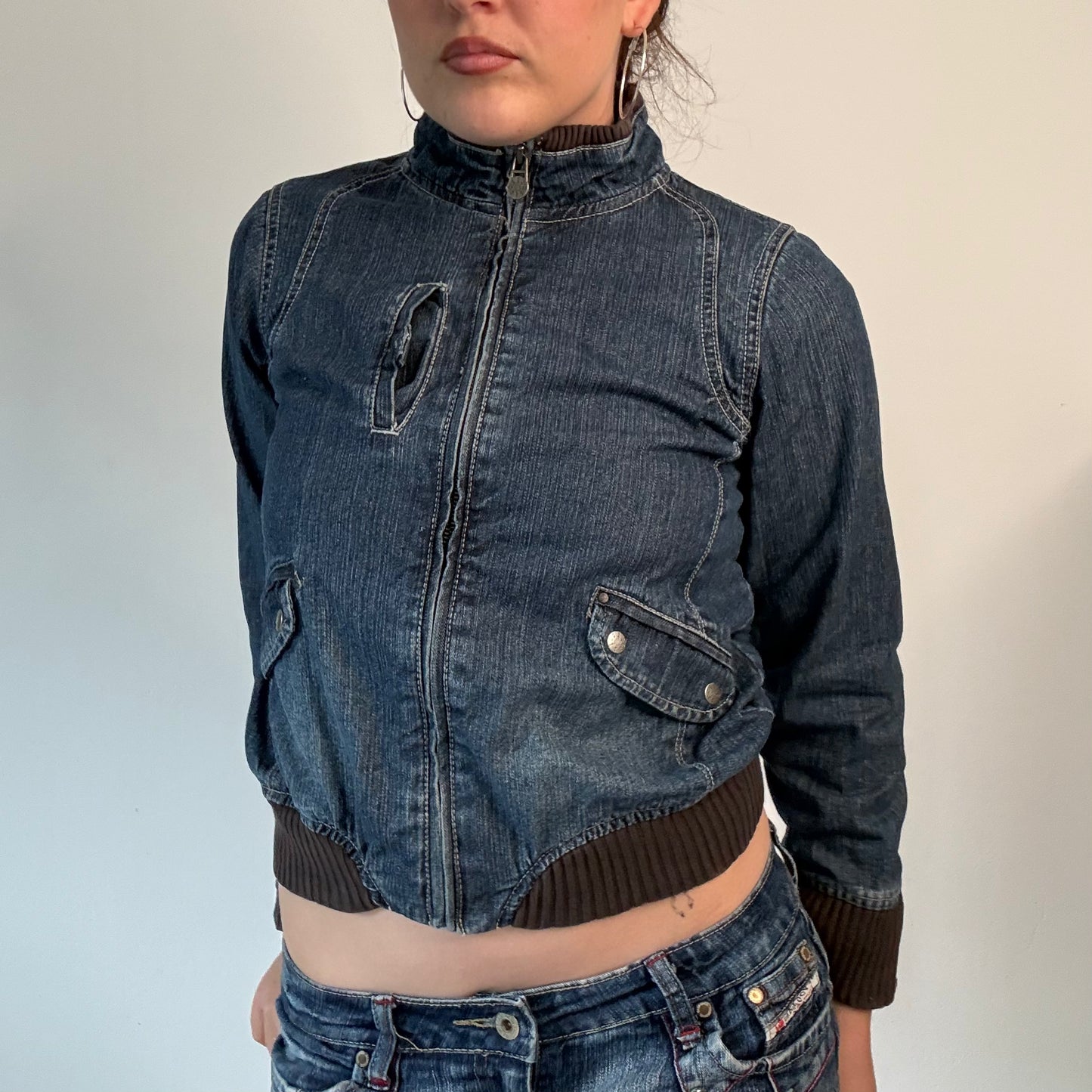 Y2K Denim Bomber Jacket with brown ribbed details