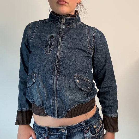 Y2K Denim Bomber Jacket with brown ribbed details