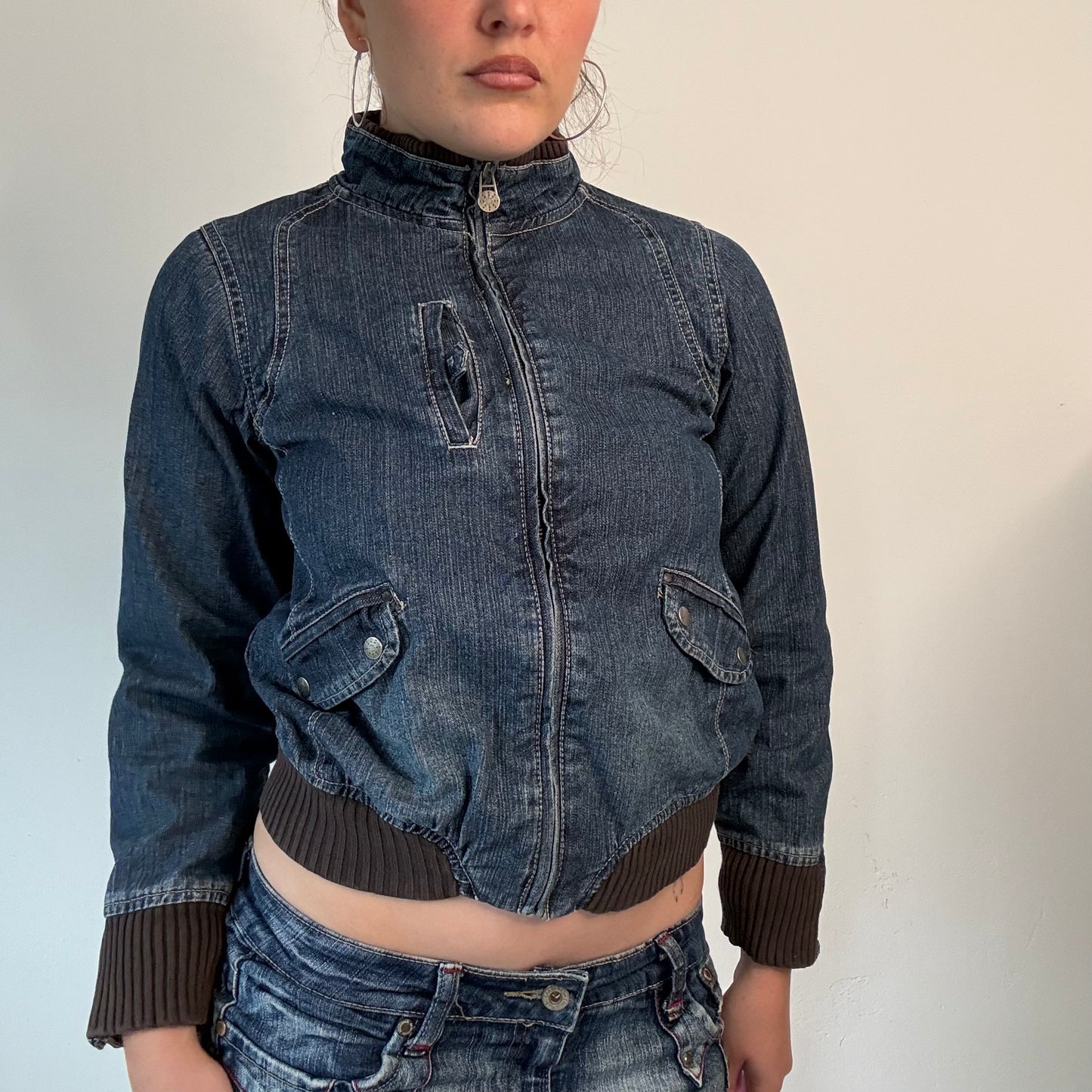 Y2K Denim Bomber Jacket with brown ribbed details
