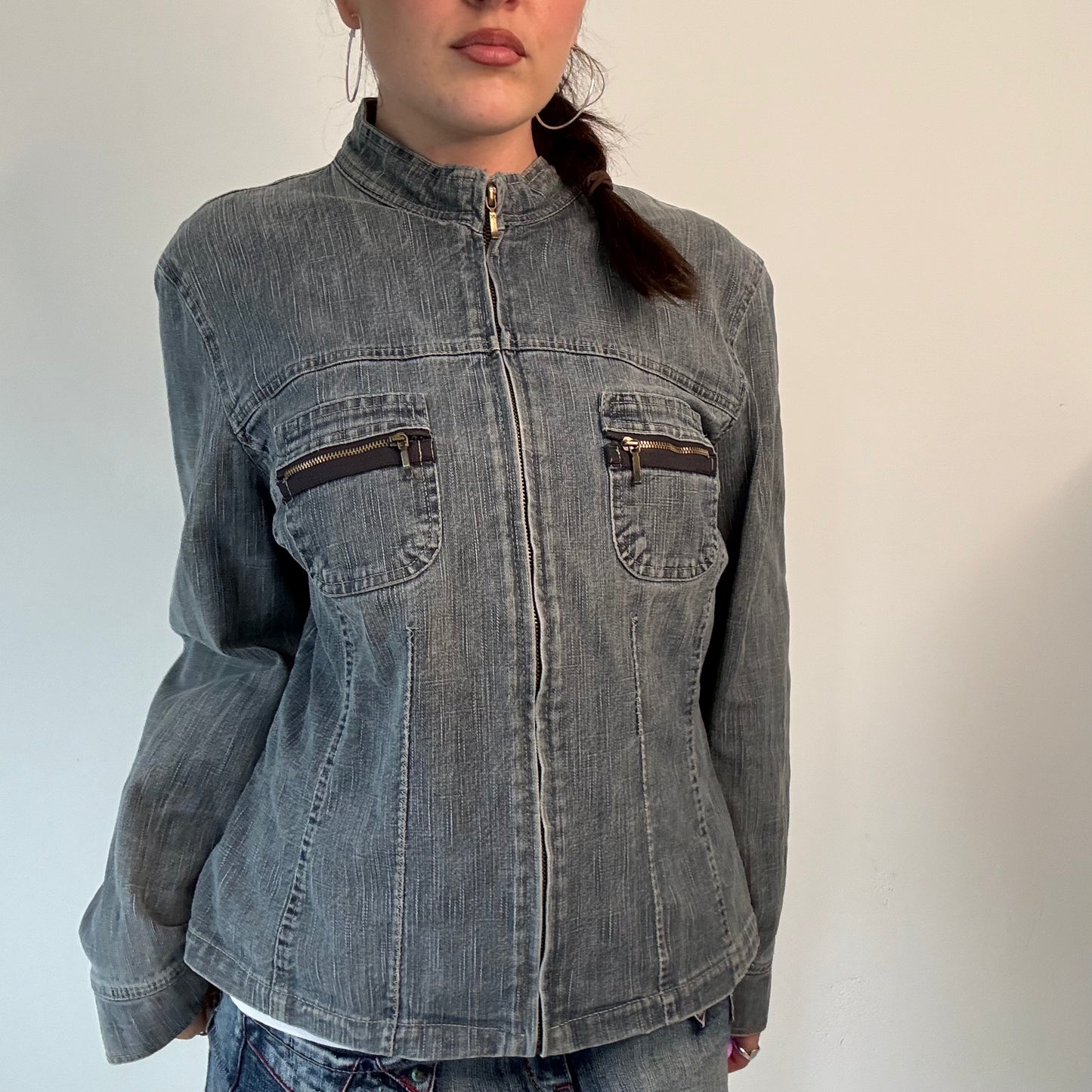 Vintage Grey Wash Denim Zip up Jacket