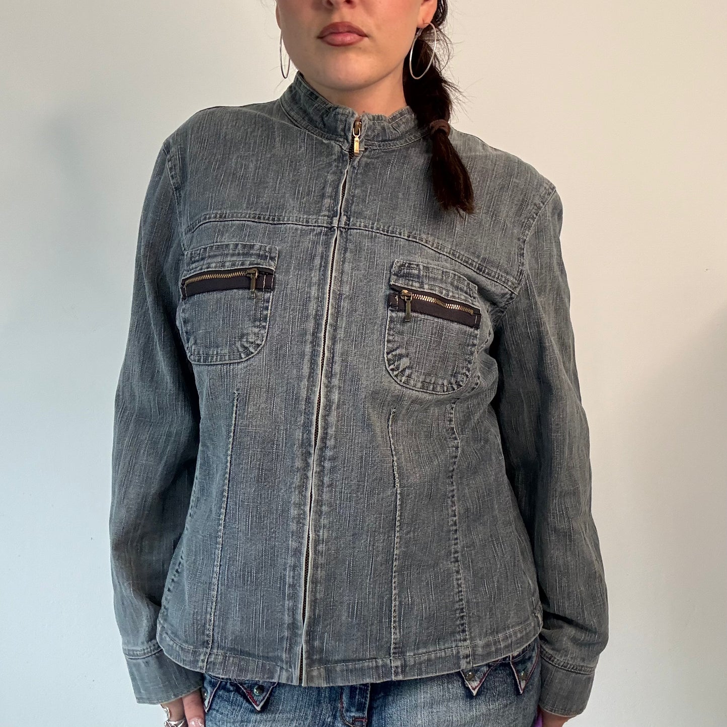 Vintage Grey Wash Denim Zip up Jacket