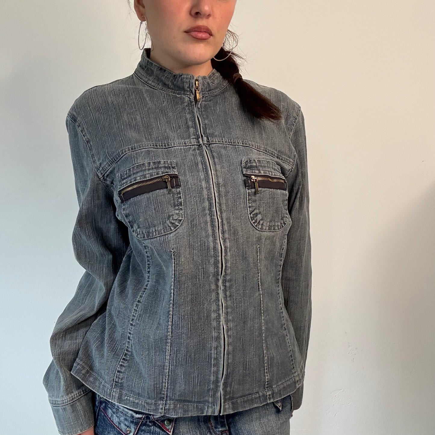 Vintage Grey Wash Denim Zip up Jacket