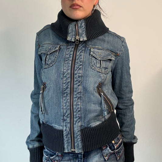 Y2K Denim Jacket with Ribbed Collar and sleeves