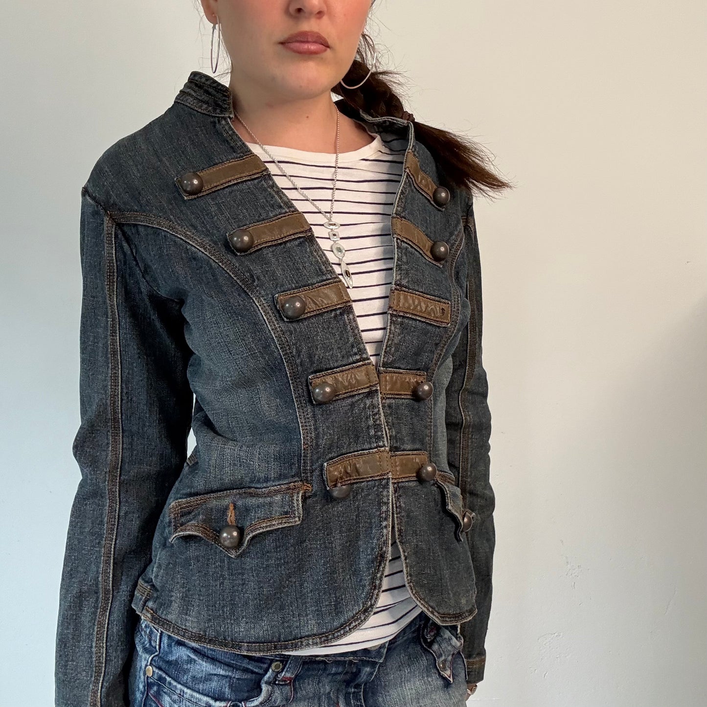 Vintage Y2K Dark Denim Military Jacket Brown Button Detail