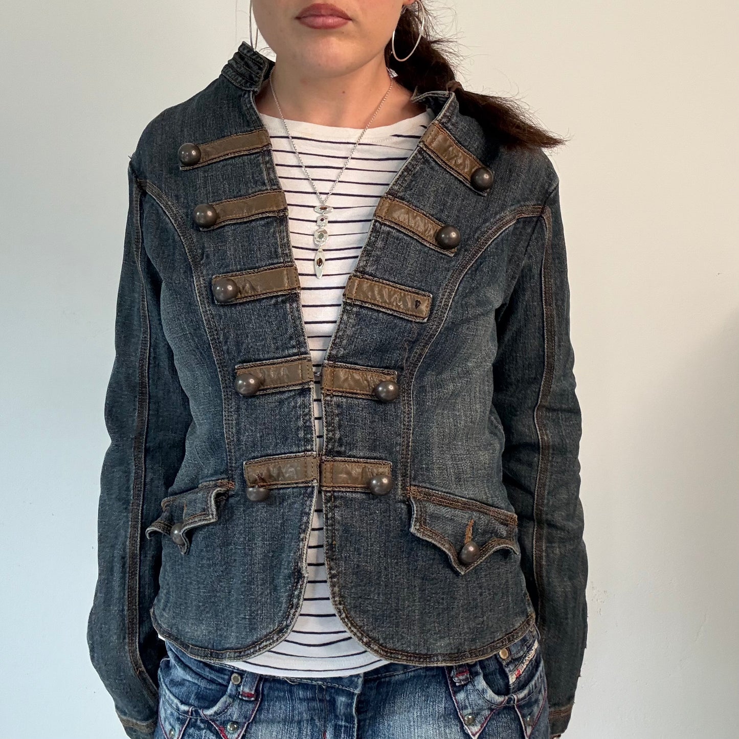 Vintage Y2K Dark Denim Military Jacket Brown Button Detail