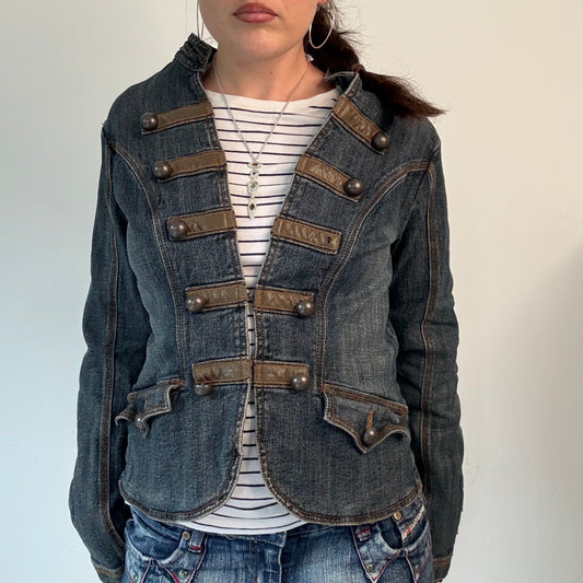 Vintage Y2K Dark Denim Military Jacket Brown Button Detail