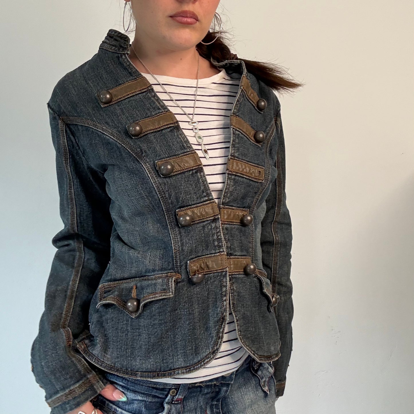 Vintage Y2K Dark Denim Military Jacket Brown Button Detail
