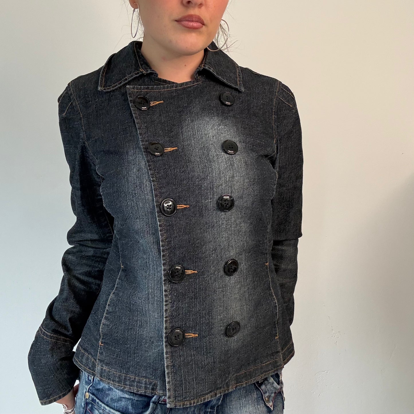 Vintage Dark Denim Double Breasted Button Up Jacket