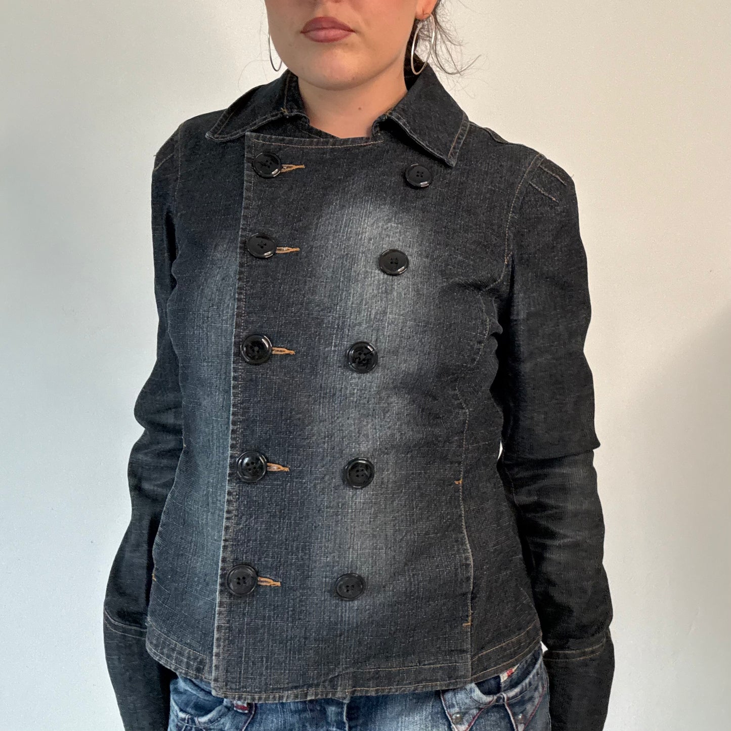 Vintage Dark Denim Double Breasted Button Up Jacket