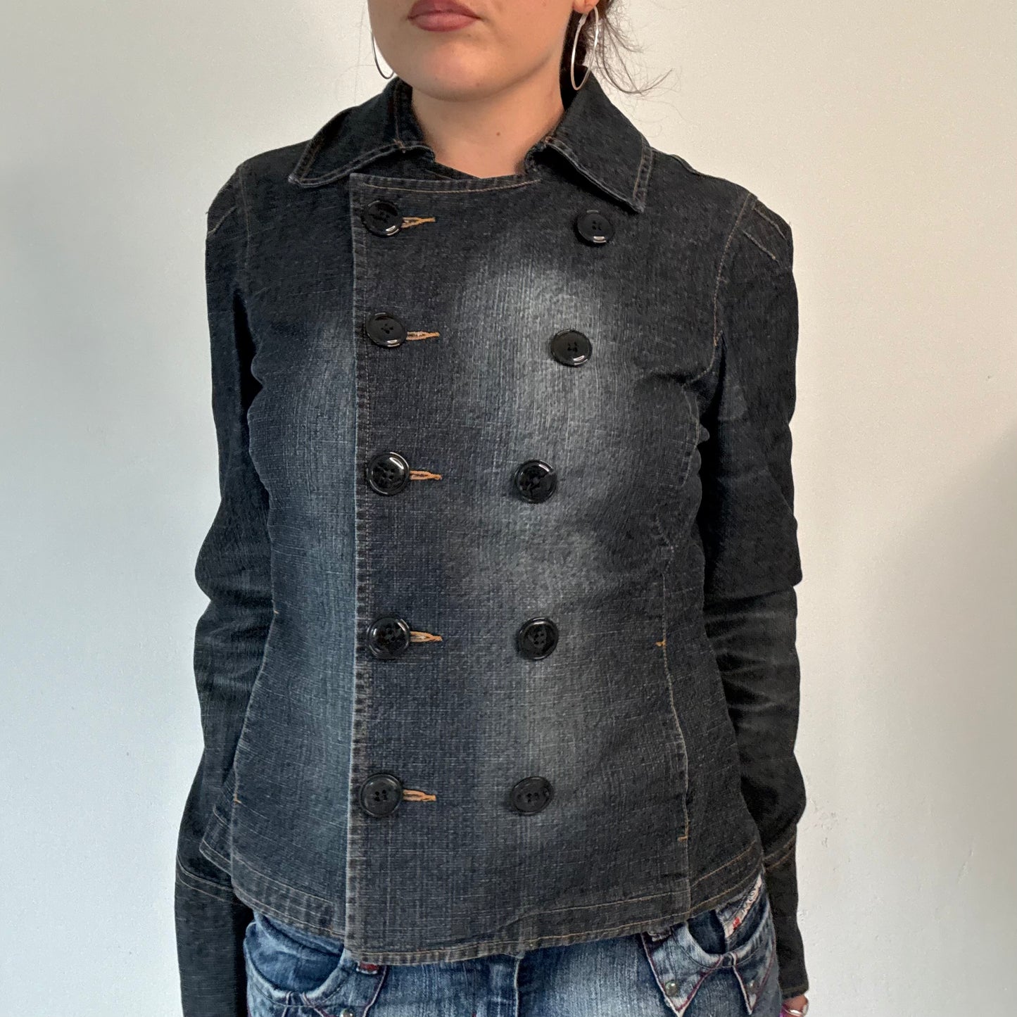 Vintage Dark Denim Double Breasted Button Up Jacket