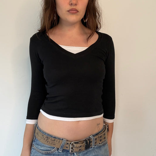 Double layer black and white 3/4 length crop top