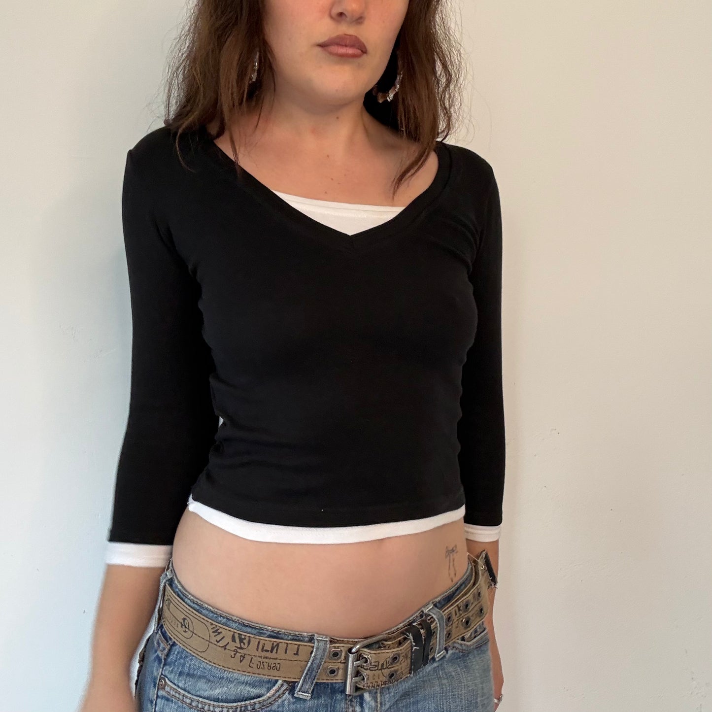 Double layer black and white 3/4 length crop top