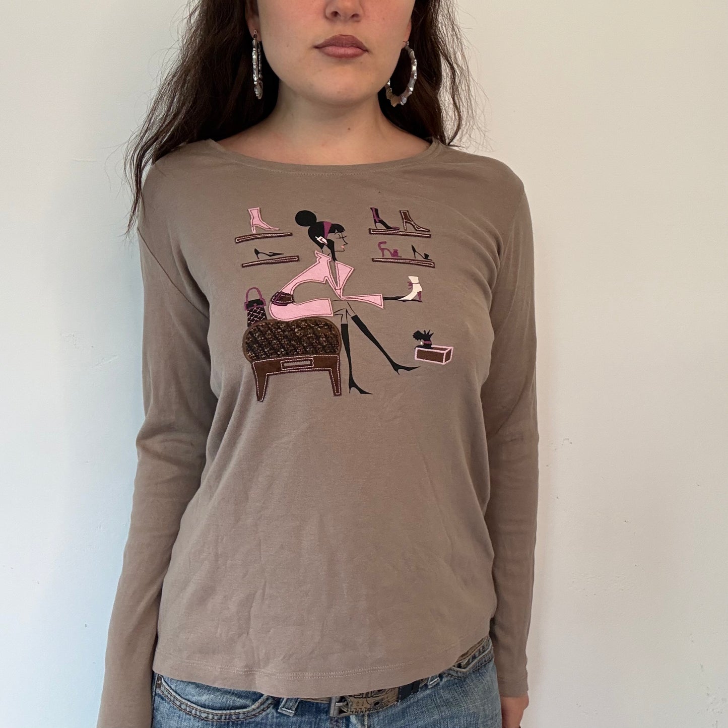 Vintage graphic taupe long sleeve top