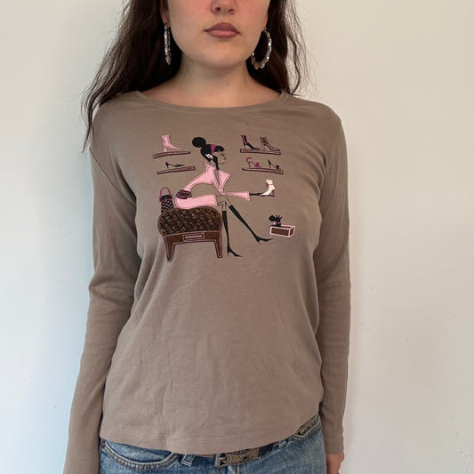 Vintage graphic taupe long sleeve top