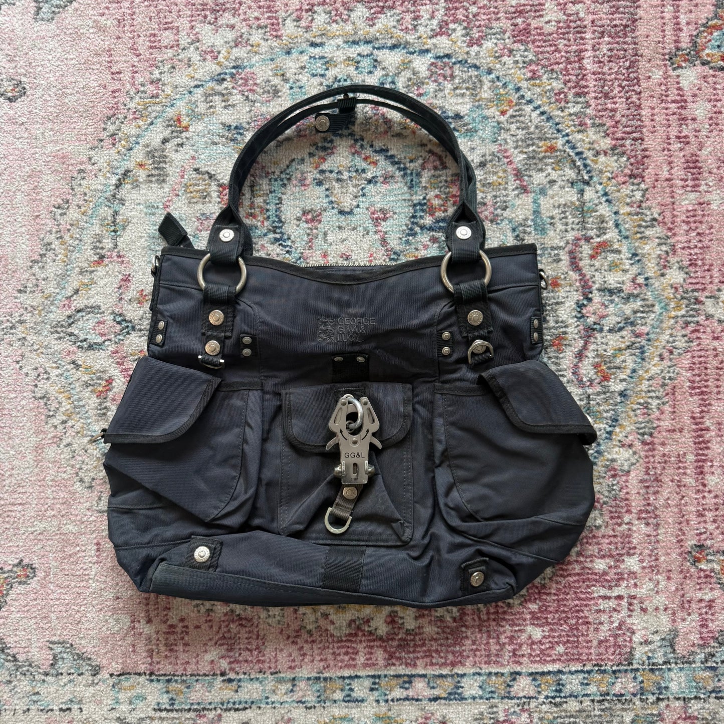 GGL Navy blue utility style shoulder bag with silver details