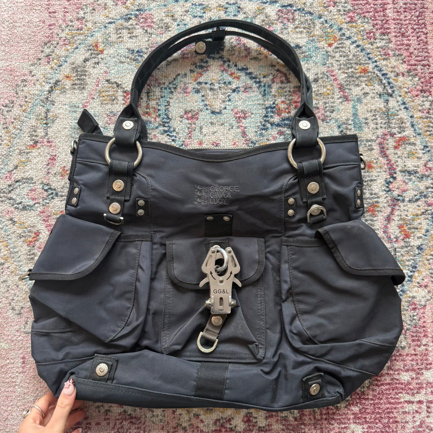GGL Navy blue utility style shoulder bag with silver details