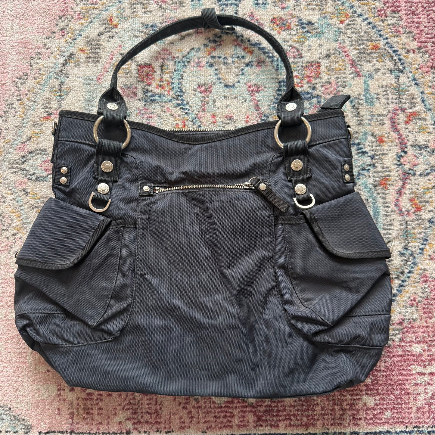 GGL Navy blue utility style shoulder bag with silver details